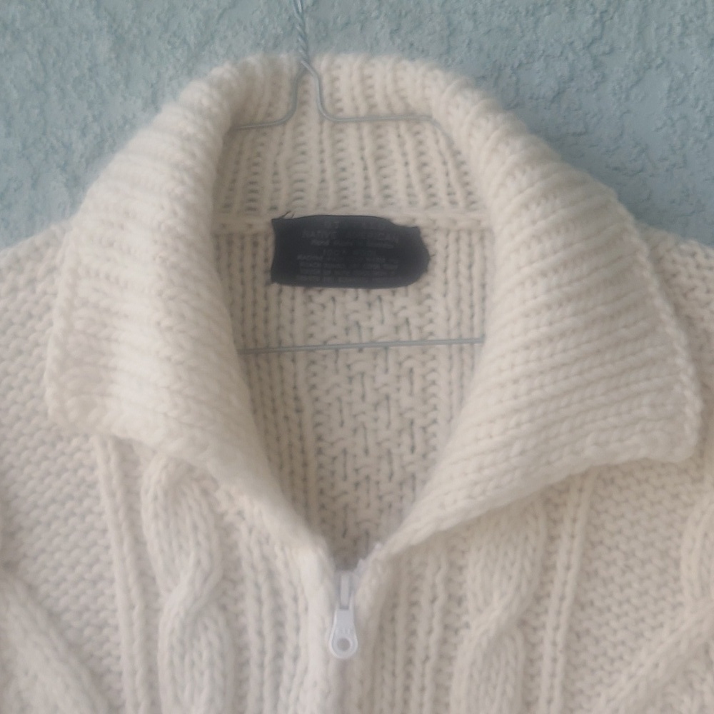 Otavalo Cream Wool Hand Made Cable Chunky Knit Full Zip Cardigan Sweater - Picture 7 of 8